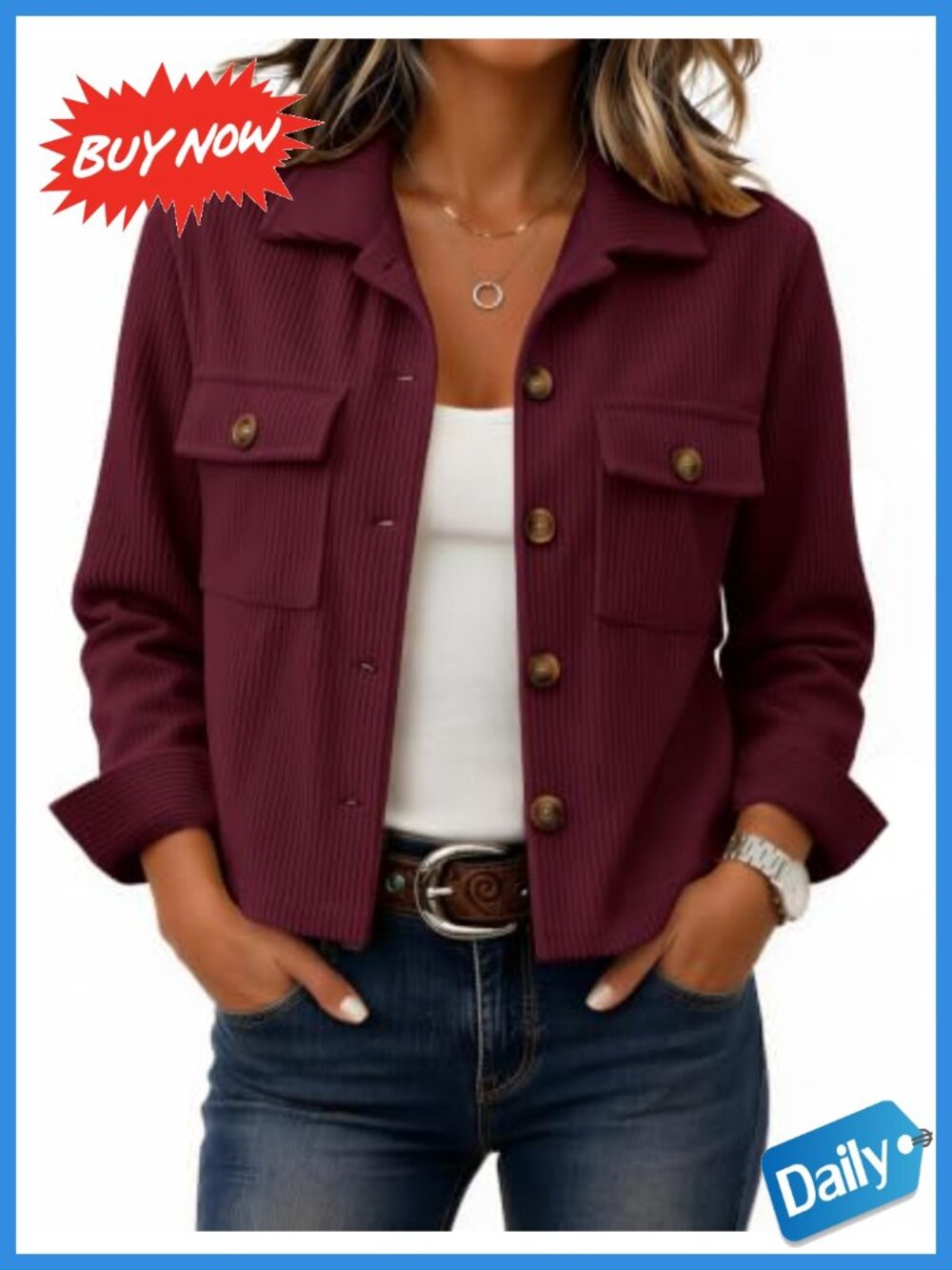 Corduroy Cropped Shacket Button Down Long Sleeve Casual Jacket
